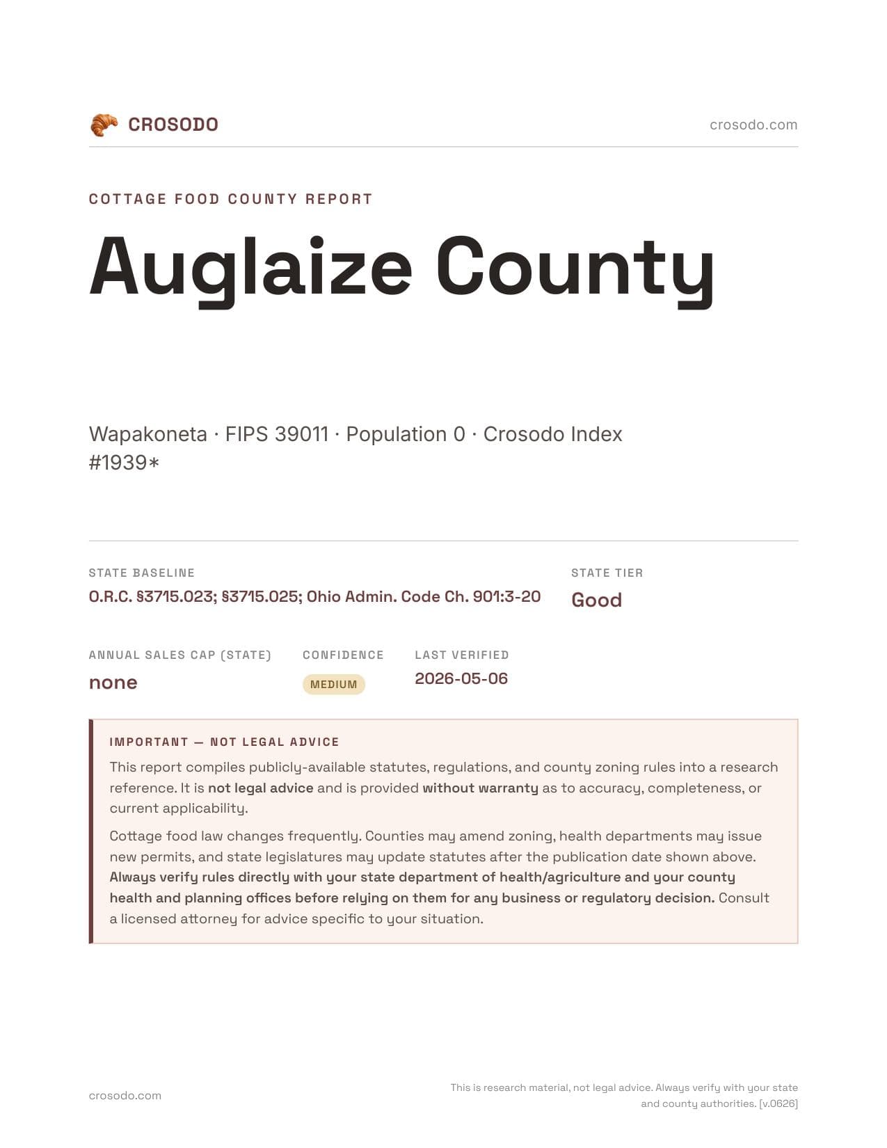 Cover of Auglaize County county cottage food report
