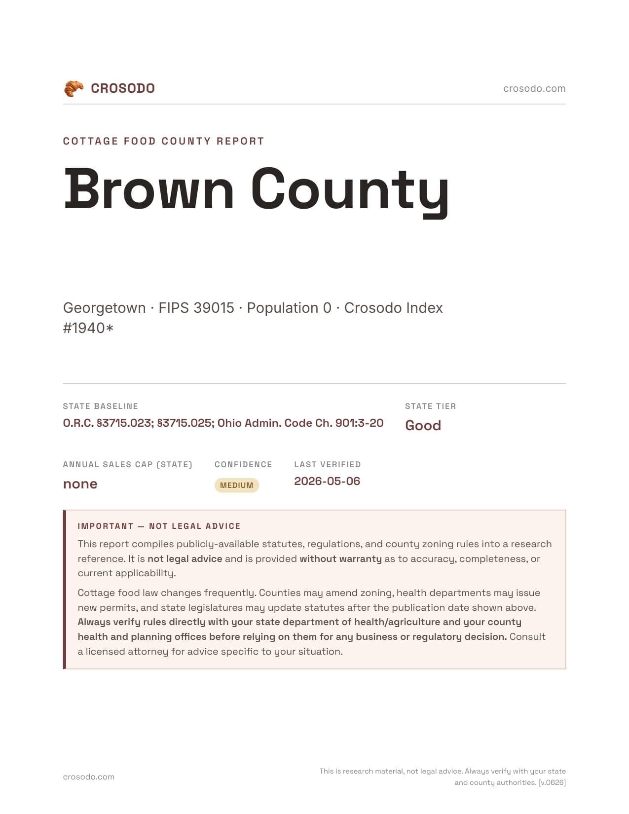 Cover of Brown County county cottage food report