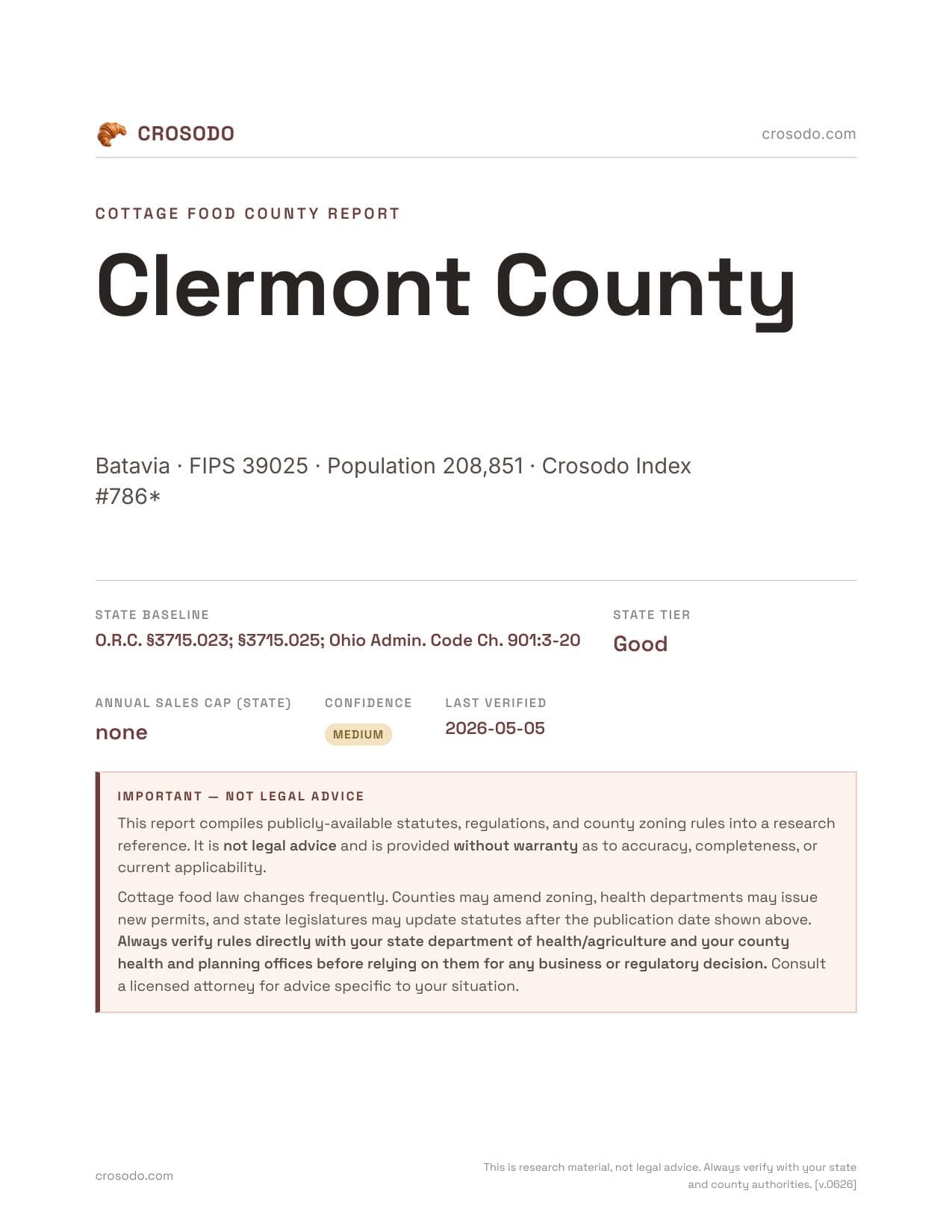 Cover of Clermont County county cottage food report