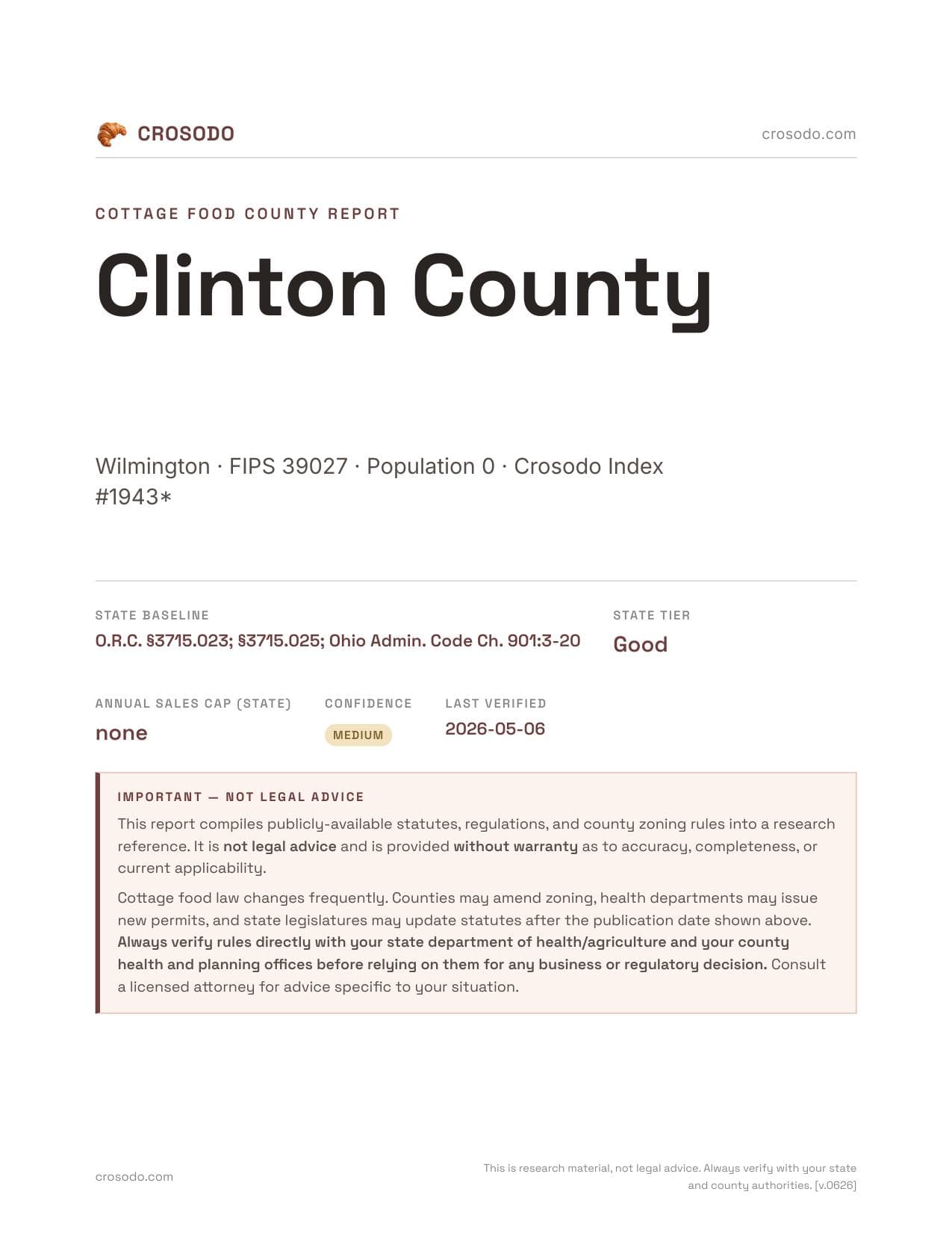 Cover of Clinton County county cottage food report