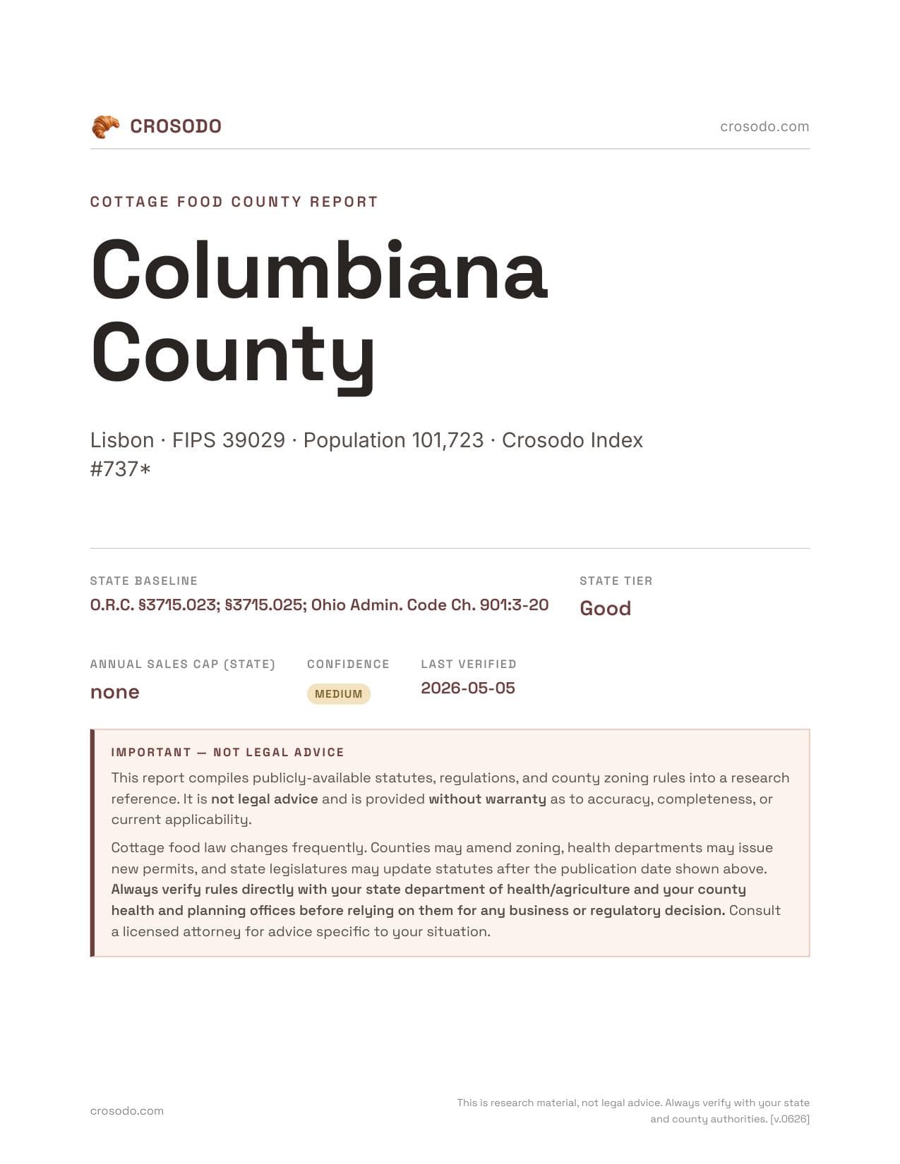 Cover of Columbiana County county cottage food report