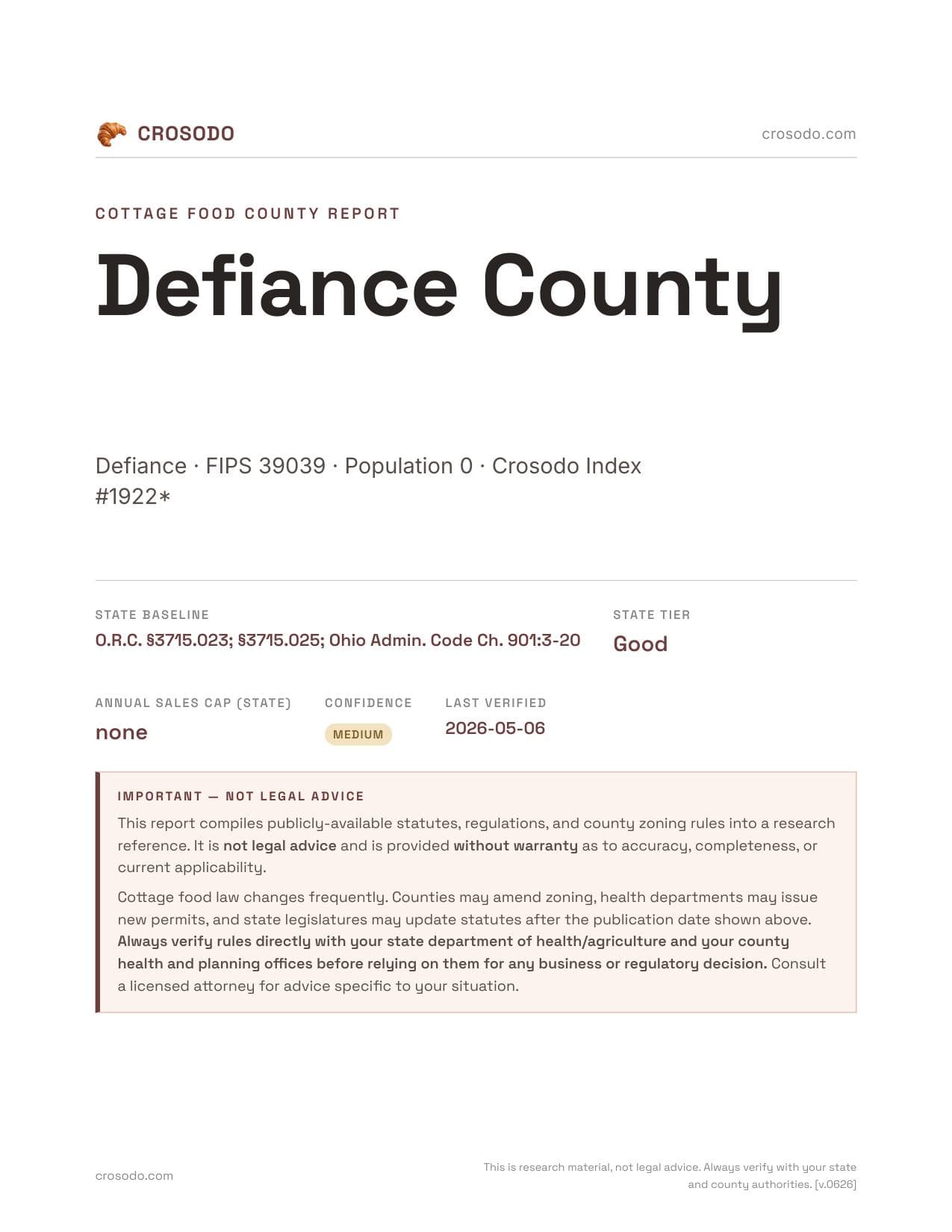 Cover of Defiance County county cottage food report