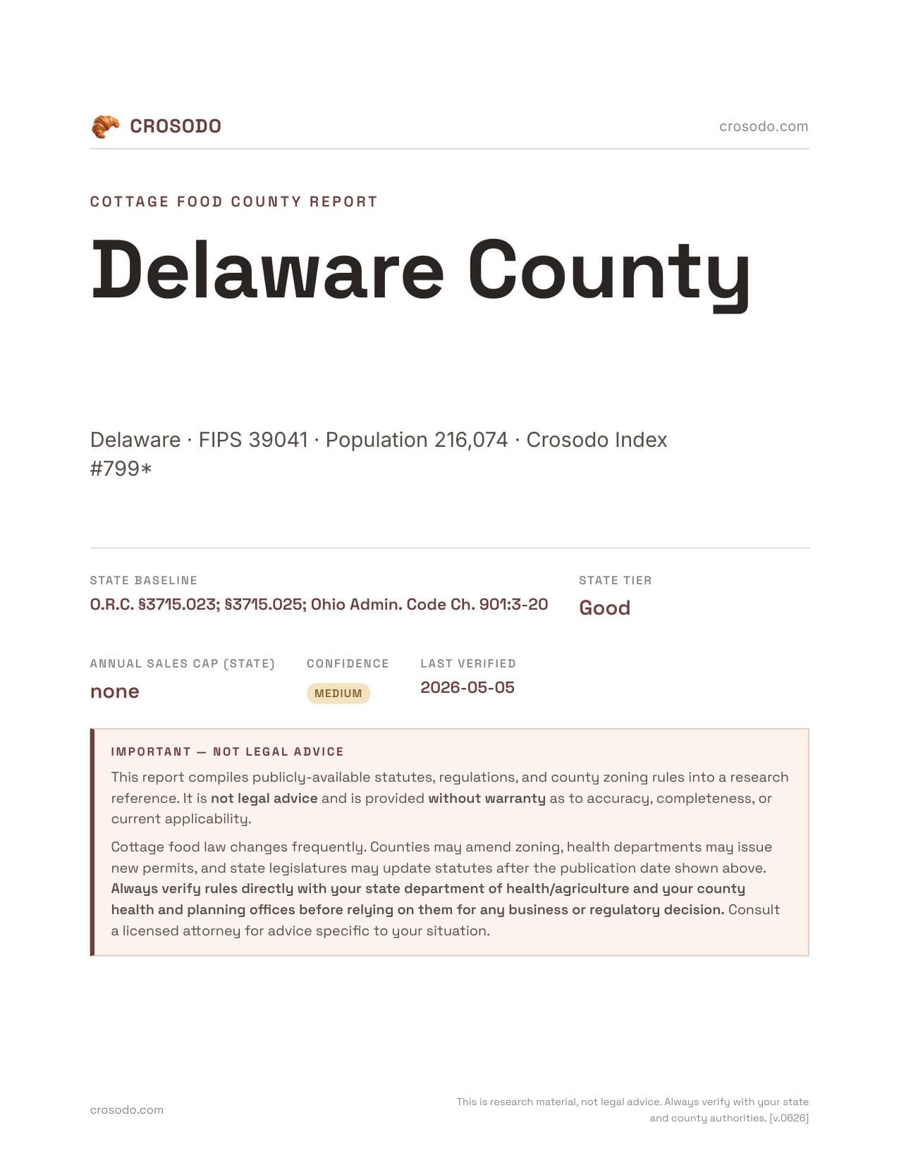 Cover of Delaware County county cottage food report