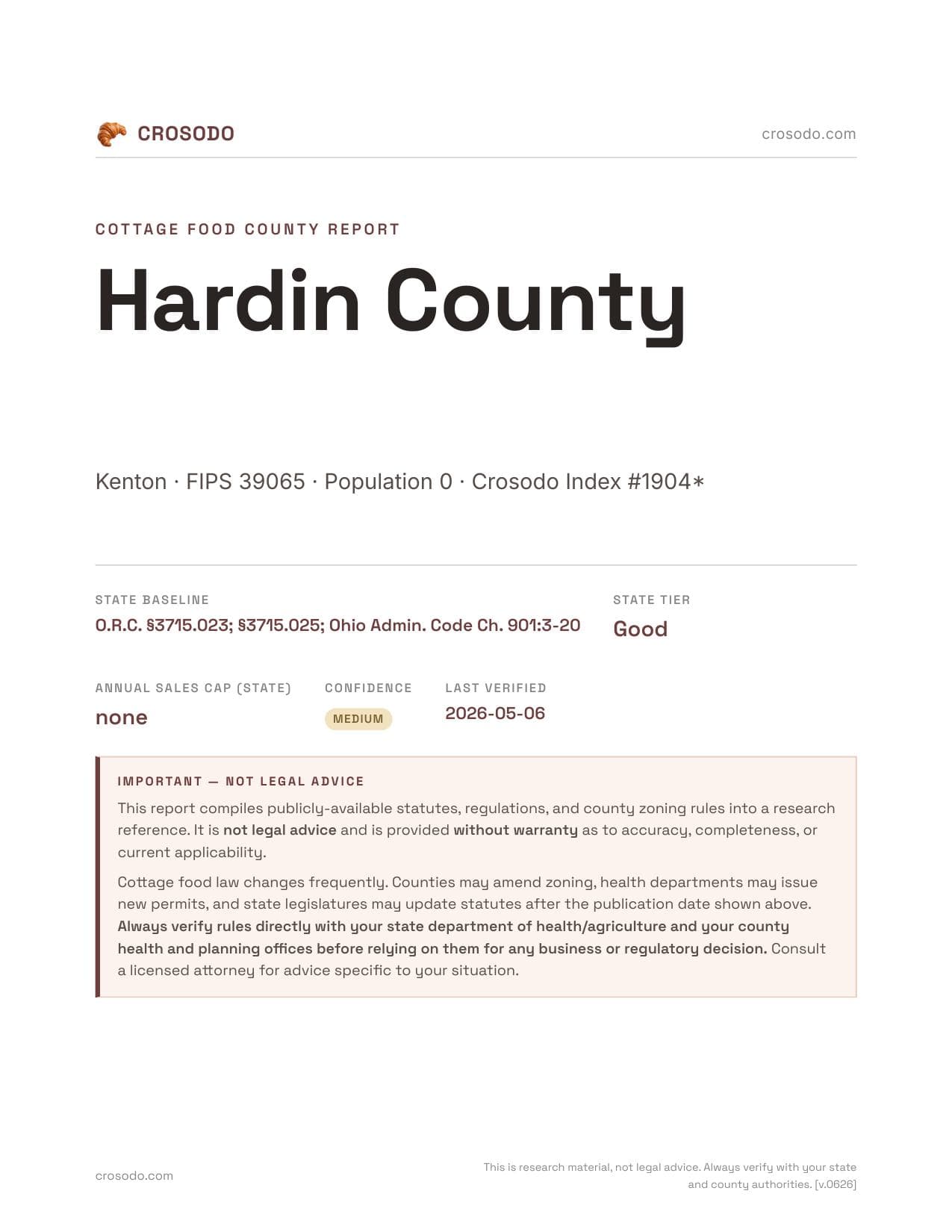 Cover of Hardin County county cottage food report