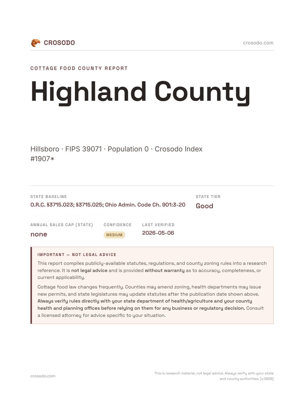 Cover of Highland County county cottage food report