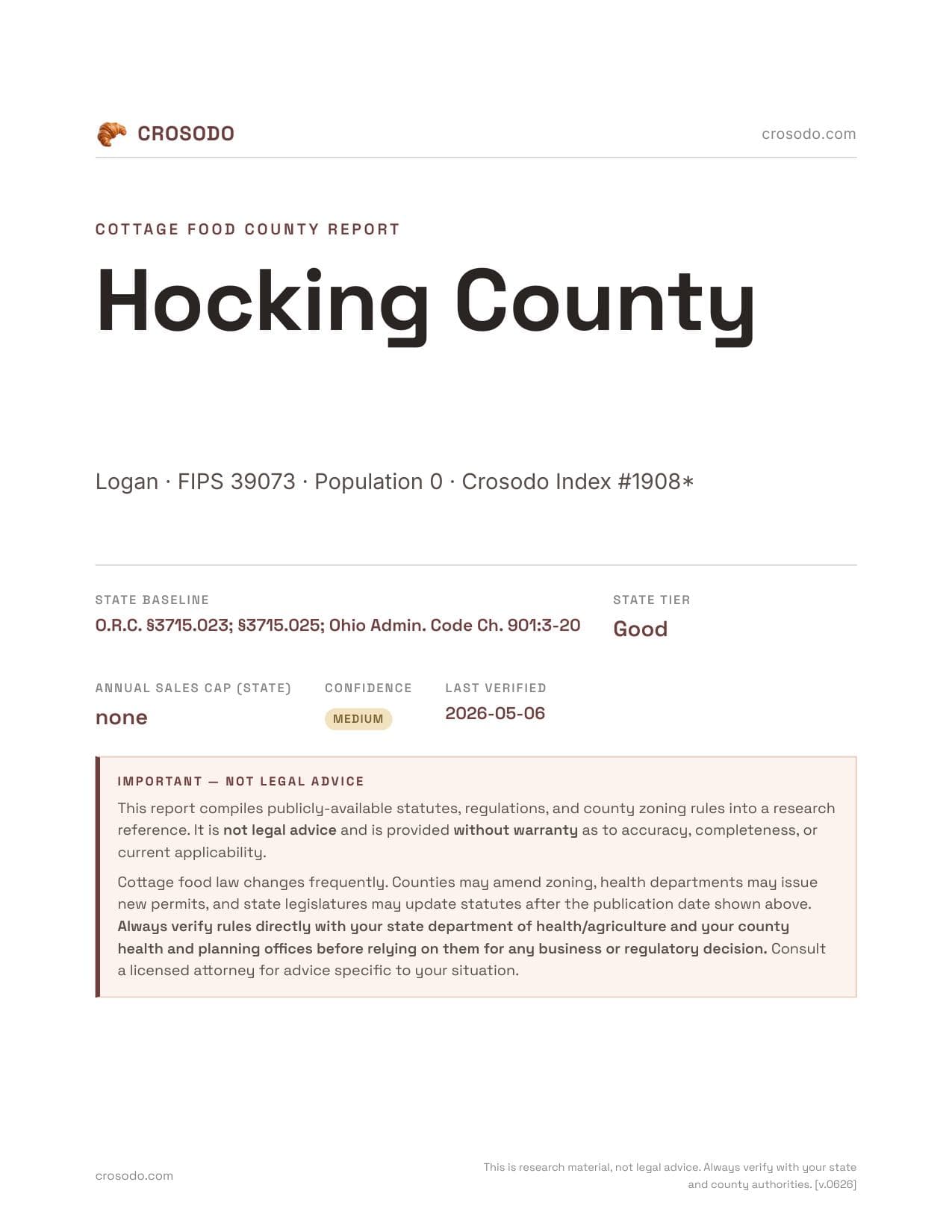 Cover of Hocking County county cottage food report