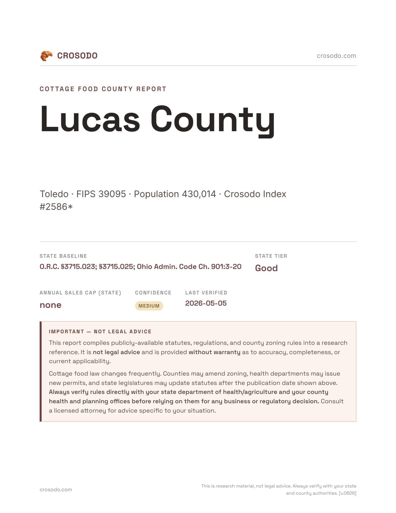Cover of Lucas County county cottage food report