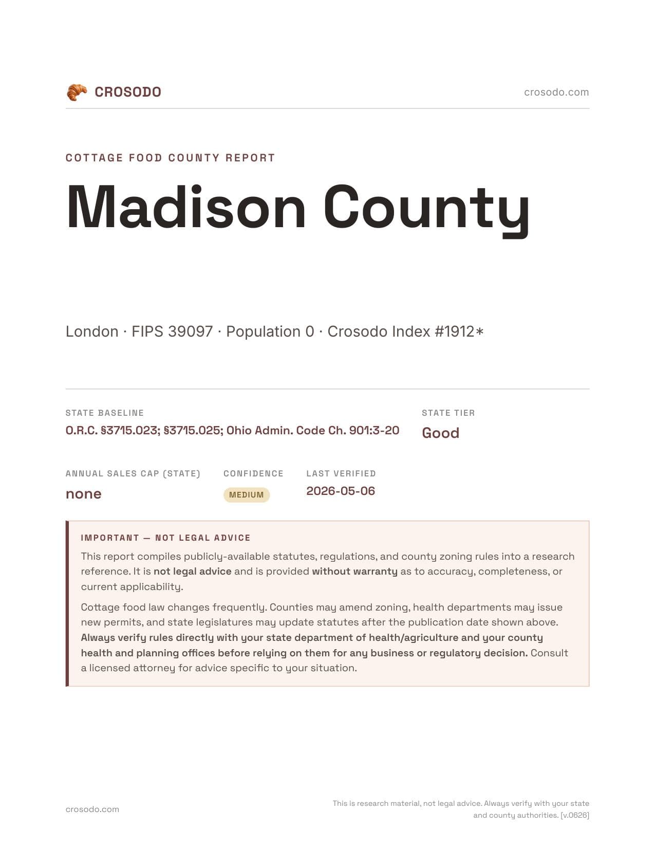 Cover of Madison County county cottage food report
