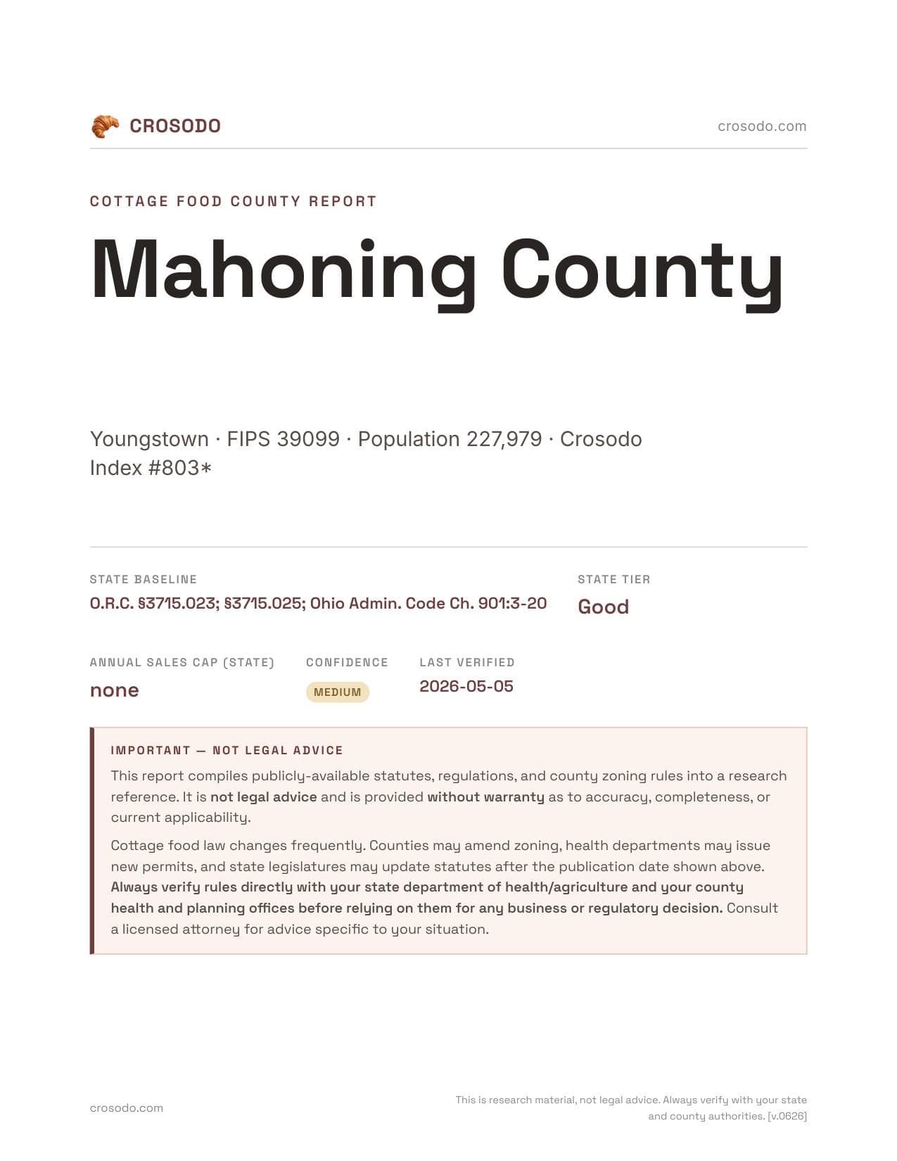Cover of Mahoning County county cottage food report