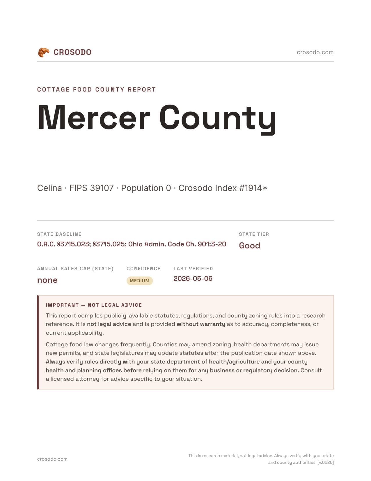 Cover of Mercer County county cottage food report