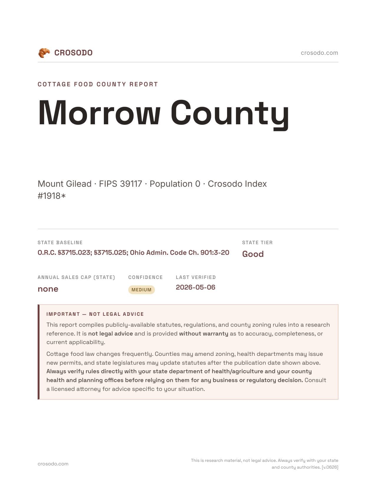 Cover of Morrow County county cottage food report