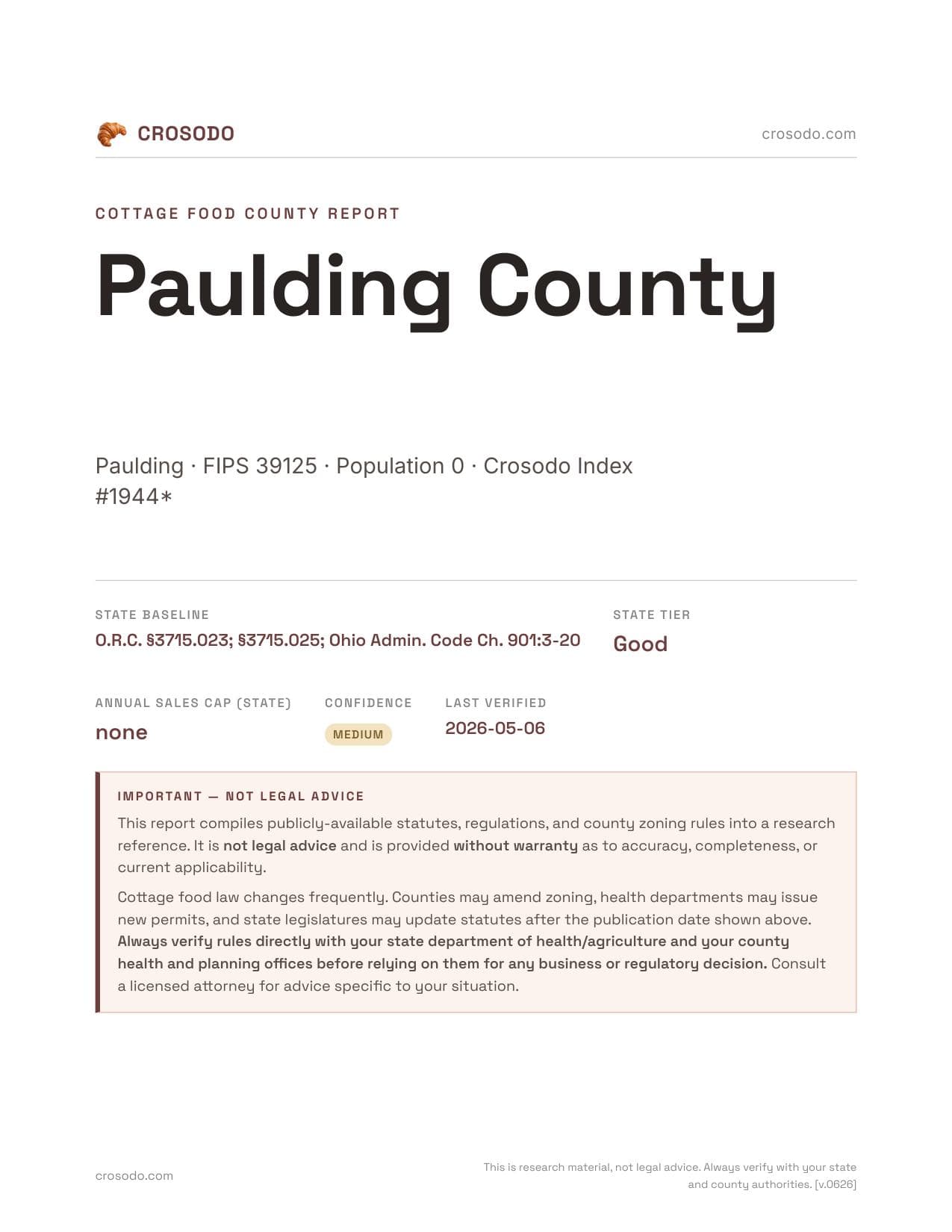 Cover of Paulding County county cottage food report