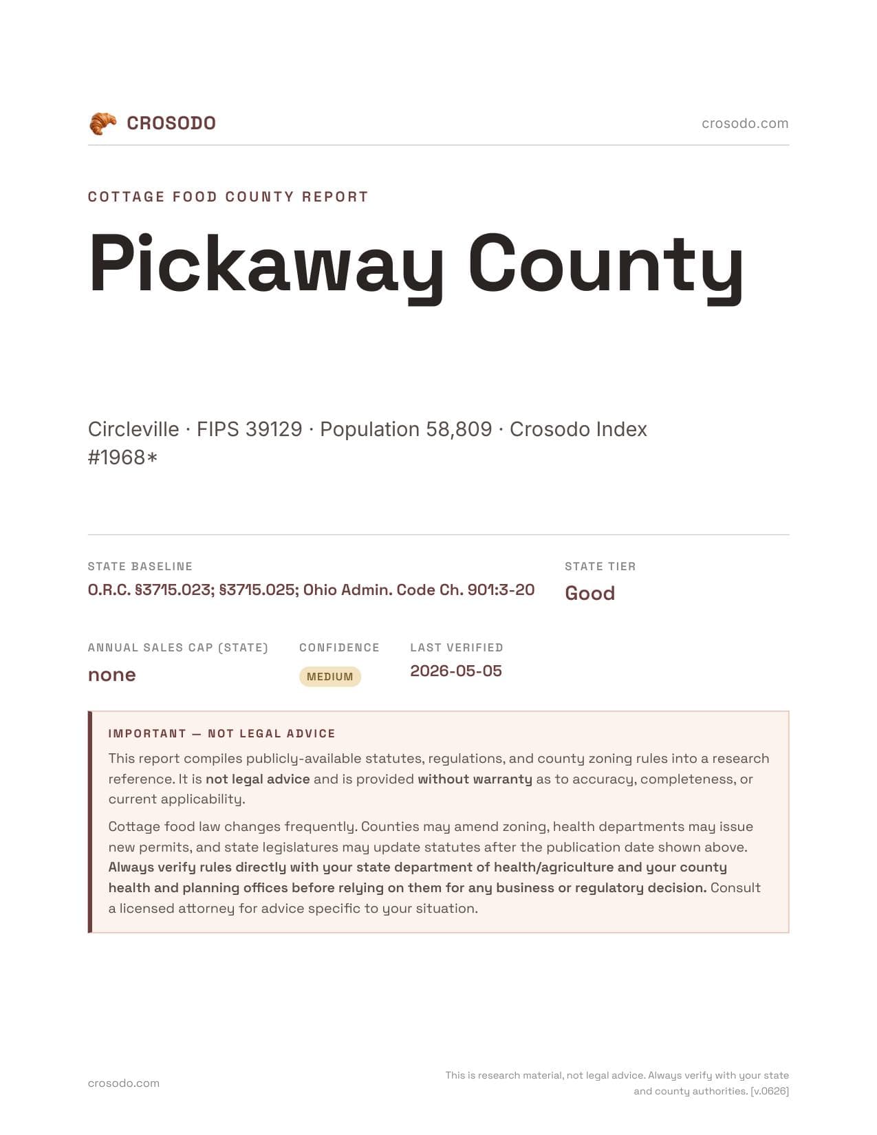 Cover of Pickaway County county cottage food report