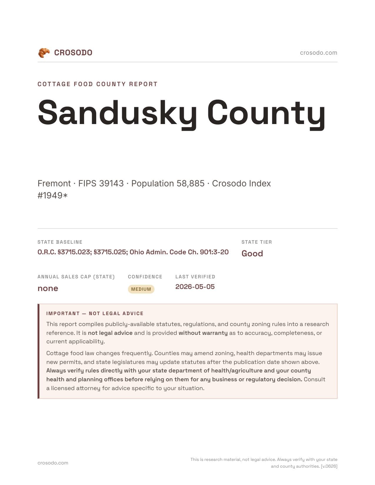 Cover of Sandusky County county cottage food report