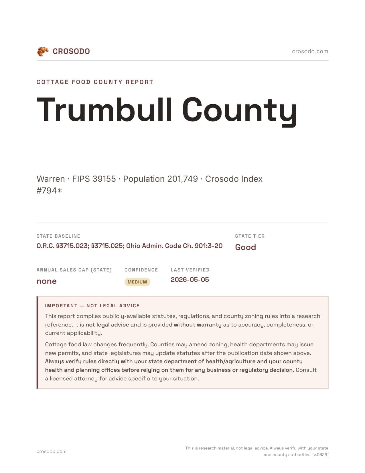 Cover of Trumbull County county cottage food report