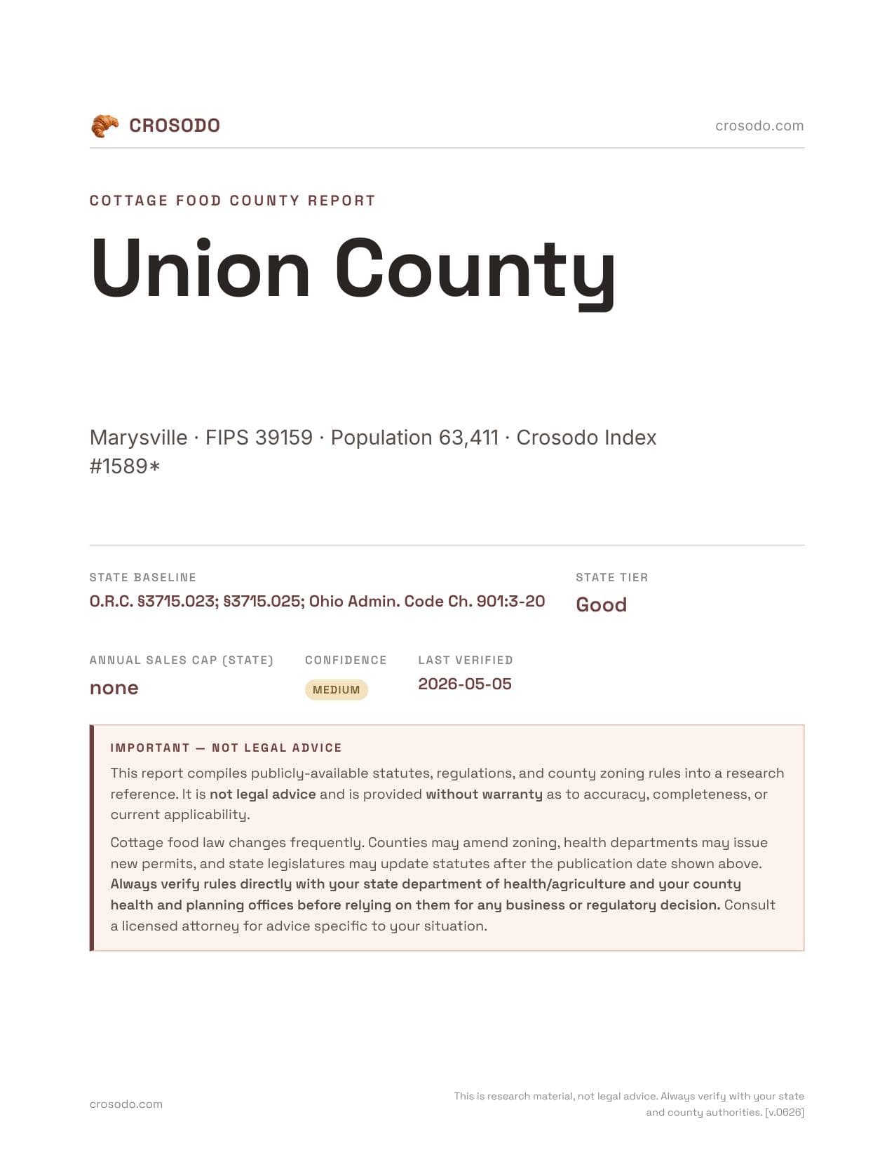 Cover of Union County county cottage food report