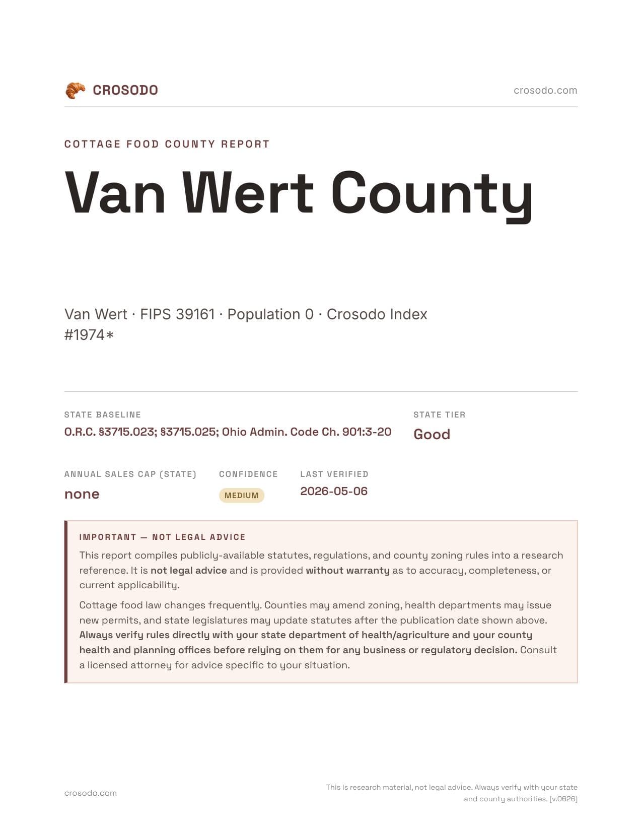 Cover of Van Wert County county cottage food report