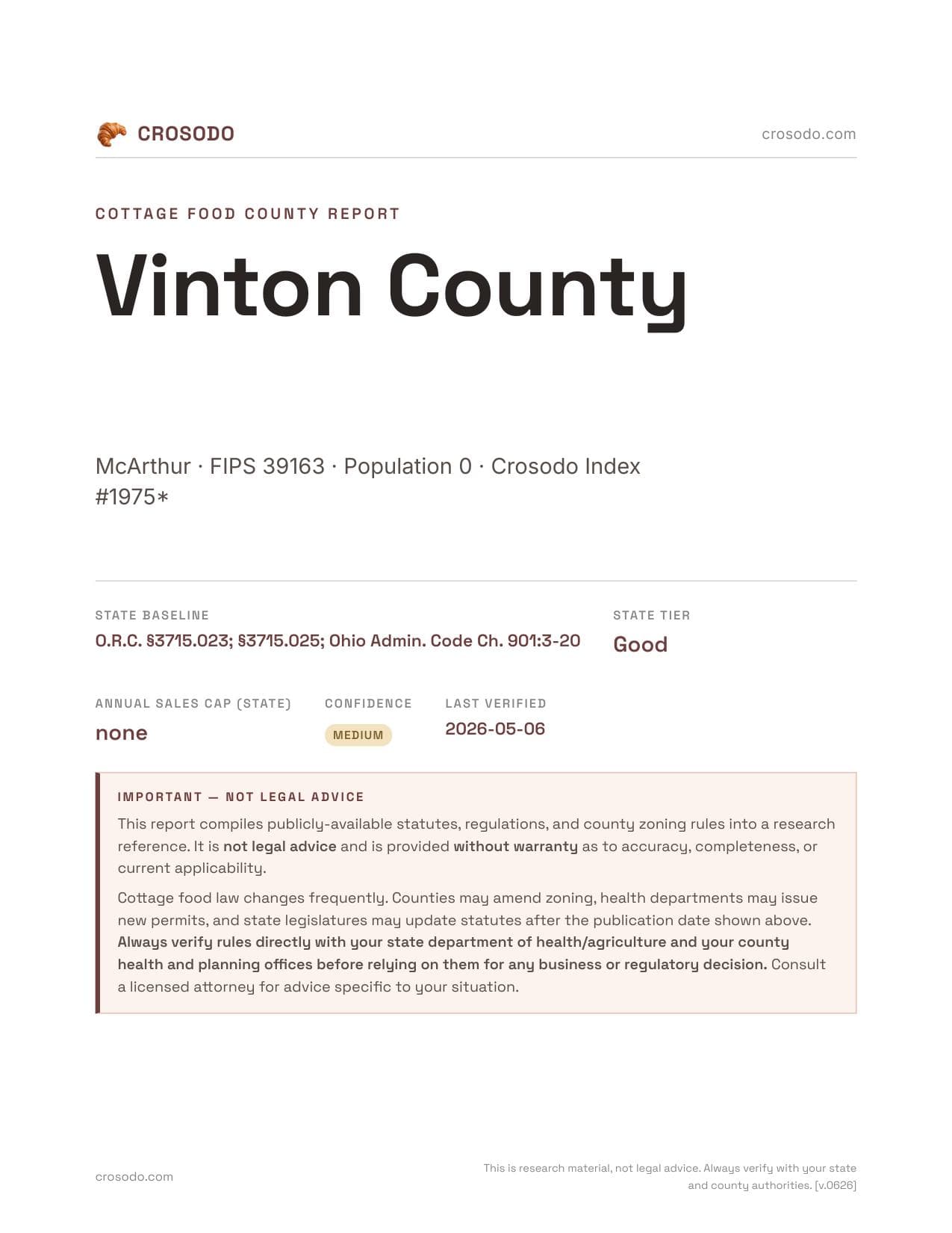 Cover of Vinton County county cottage food report