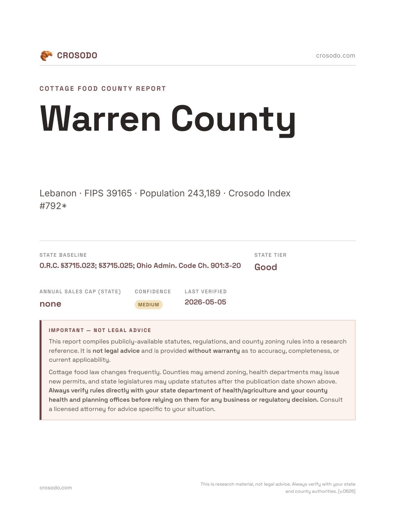 Cover of Warren County county cottage food report