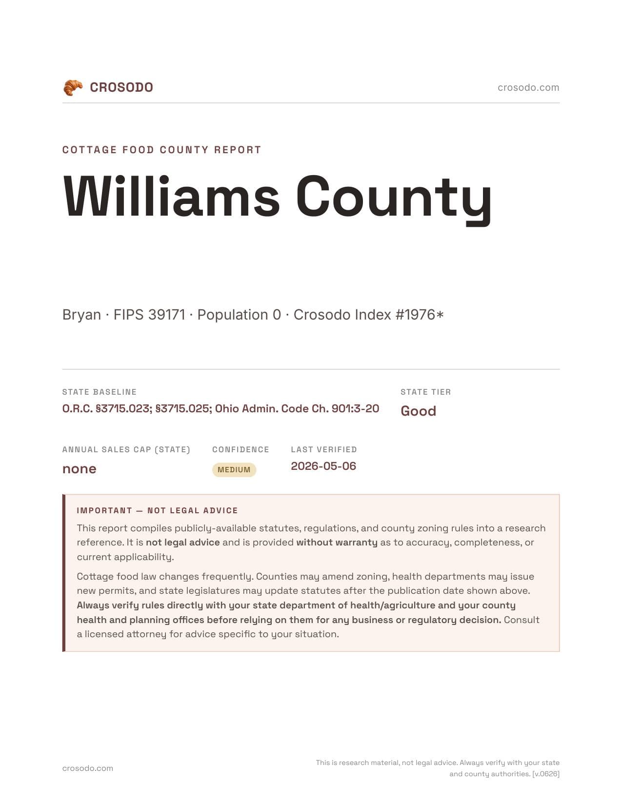 Cover of Williams County county cottage food report