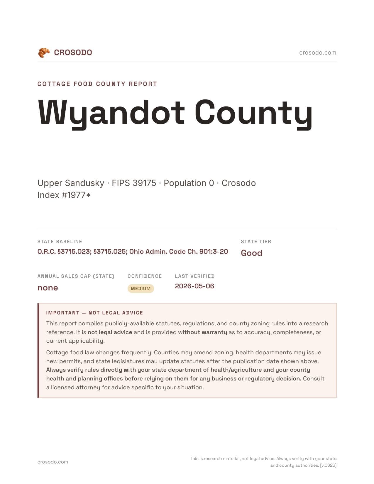 Cover of Wyandot County county cottage food report