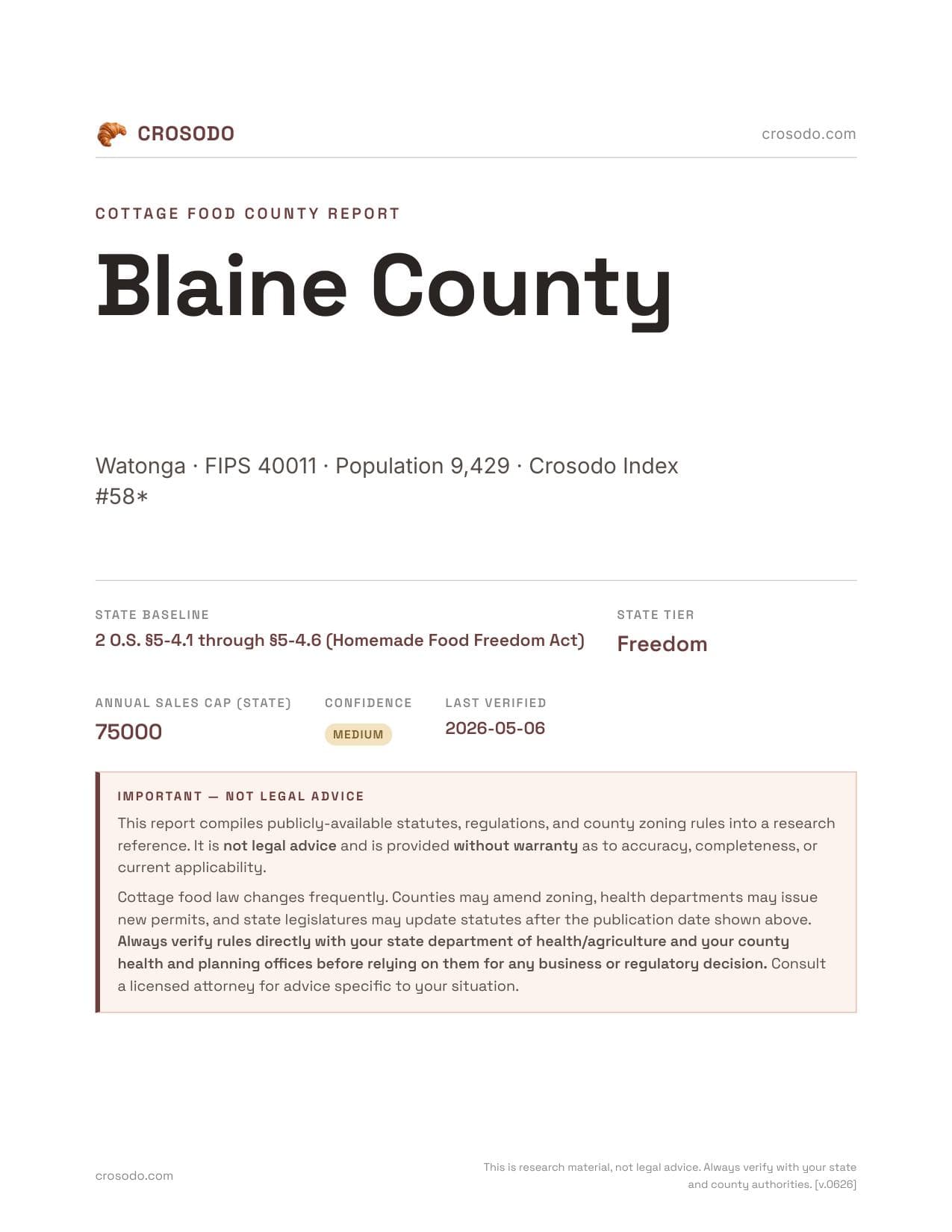 Cover of Blaine County county cottage food report