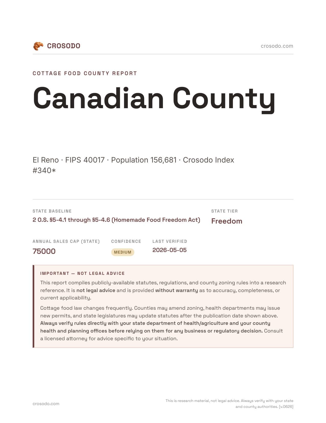 Cover of Canadian County county cottage food report