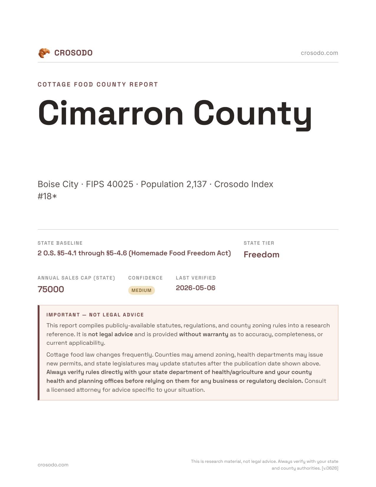 Cover of Cimarron County county cottage food report