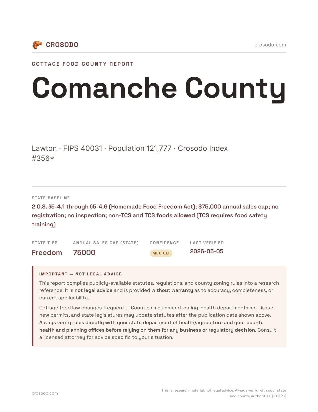Cover of Comanche County county cottage food report