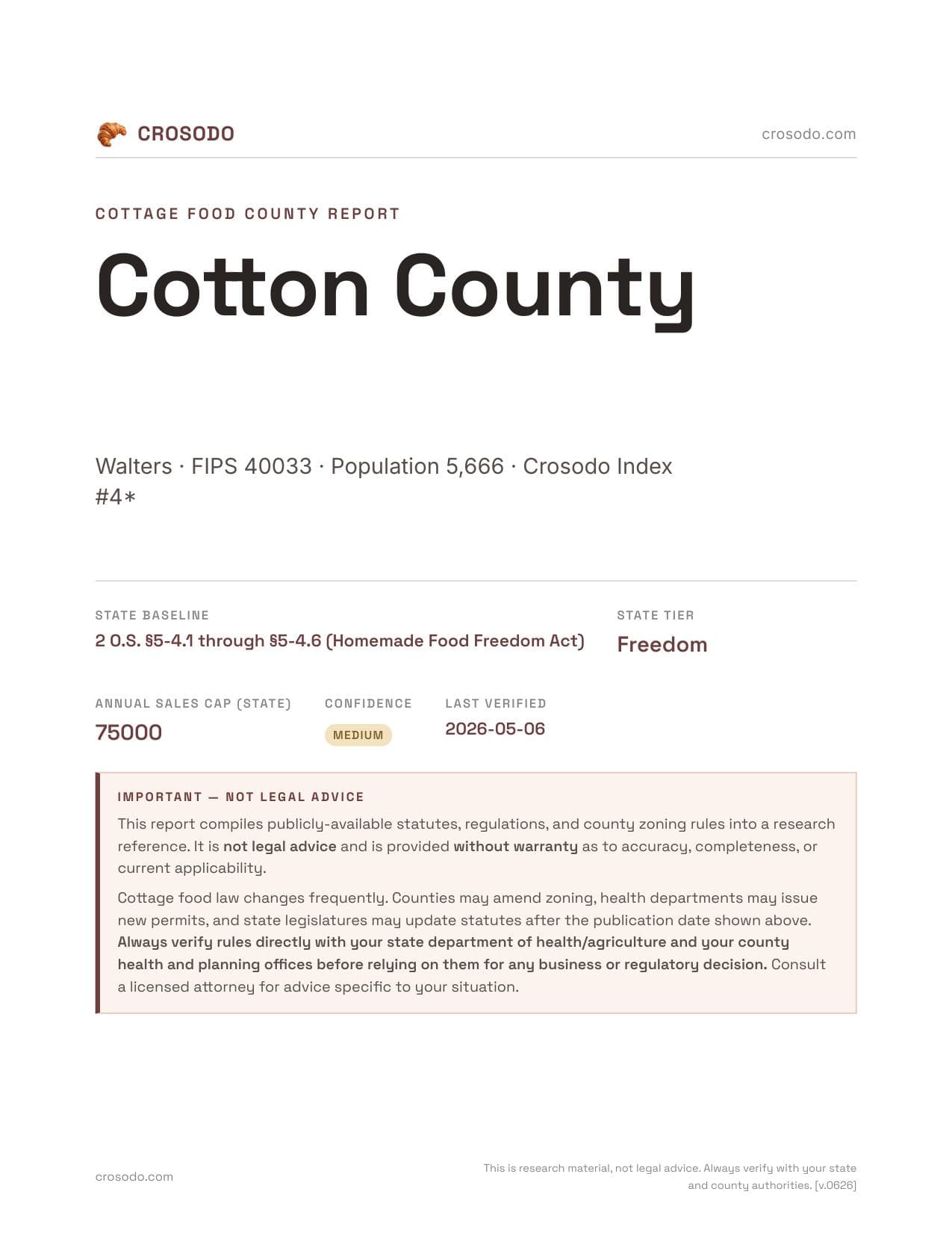 Cover of Cotton County county cottage food report