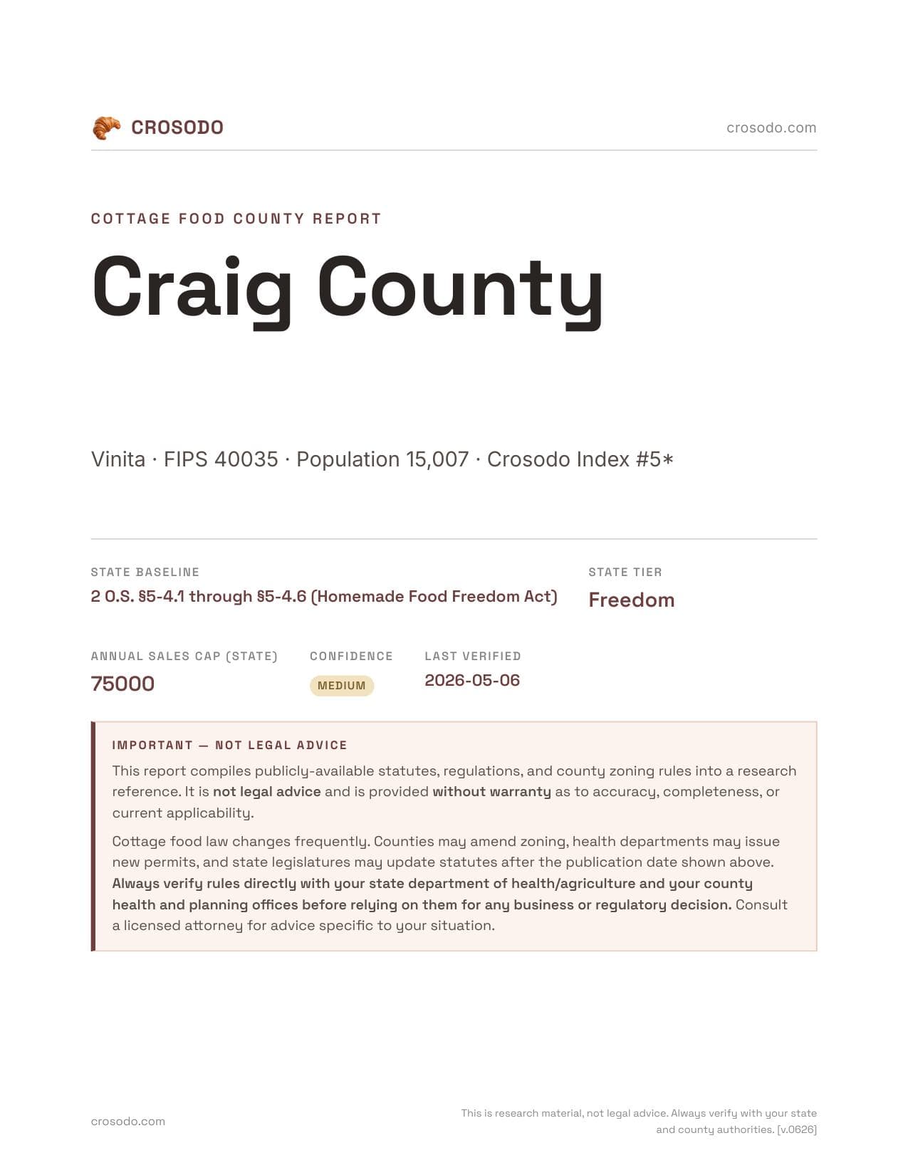 Cover of Craig County county cottage food report