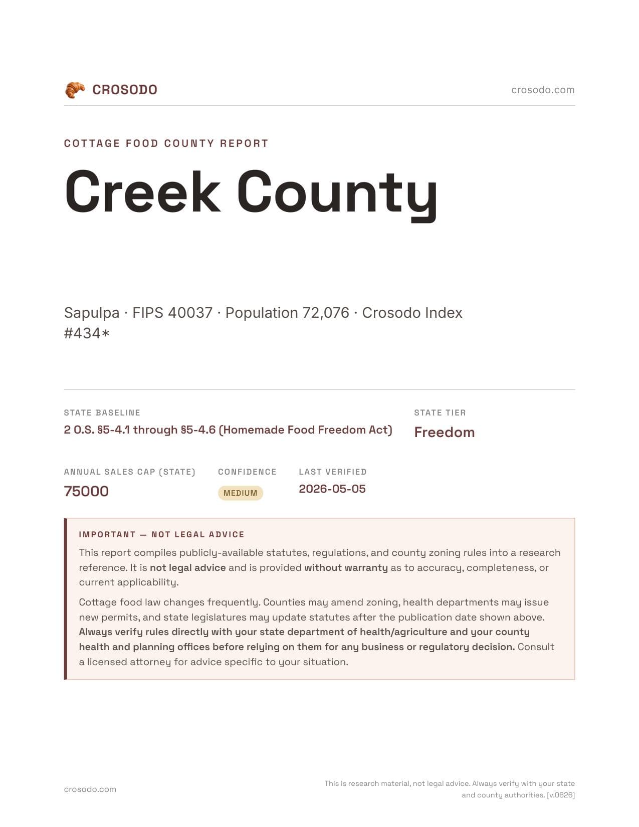 Cover of Creek County county cottage food report