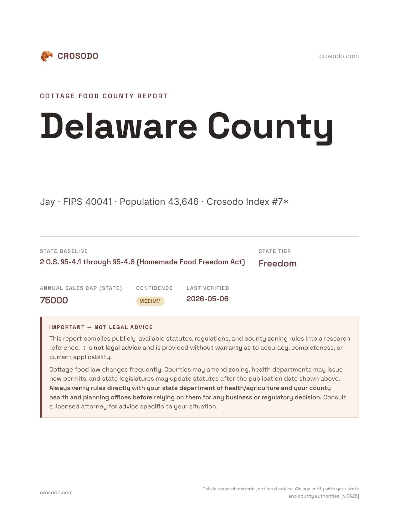 Cover of Delaware County county cottage food report