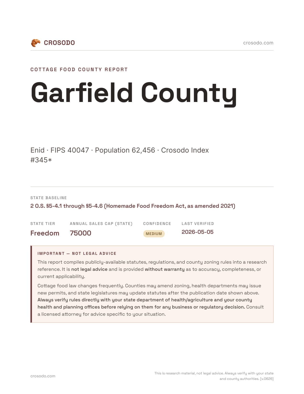 Cover of Garfield County county cottage food report