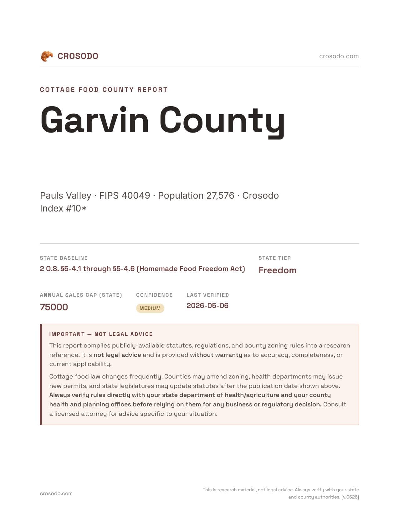 Cover of Garvin County county cottage food report
