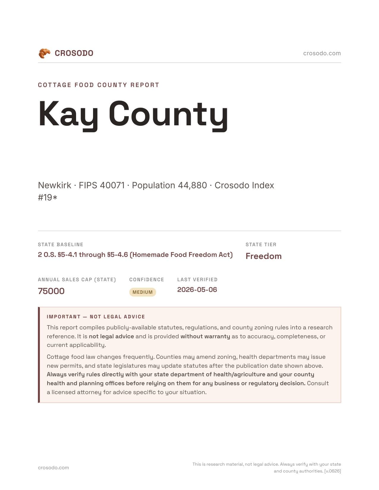 Cover of Kay County county cottage food report