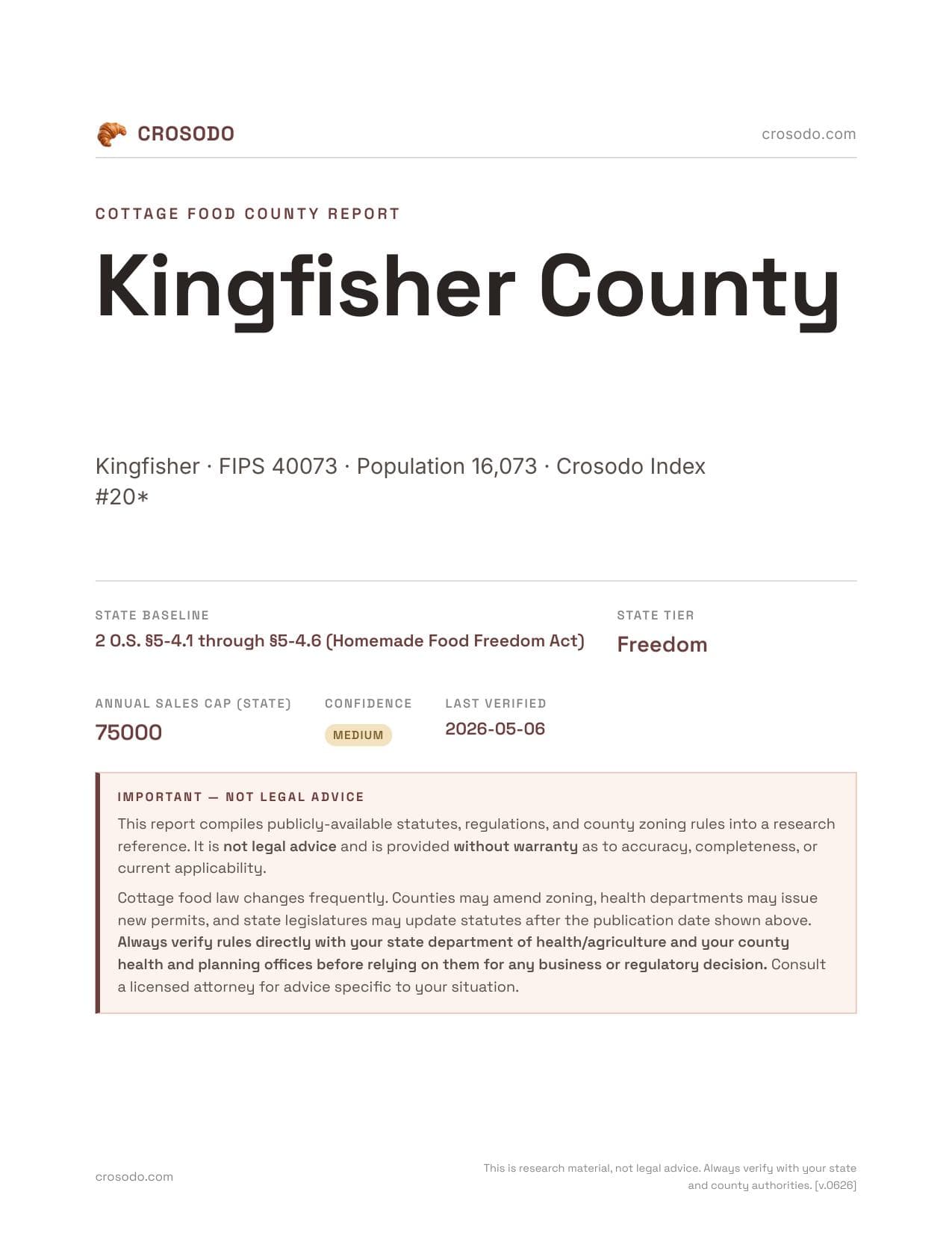 Cover of Kingfisher County county cottage food report