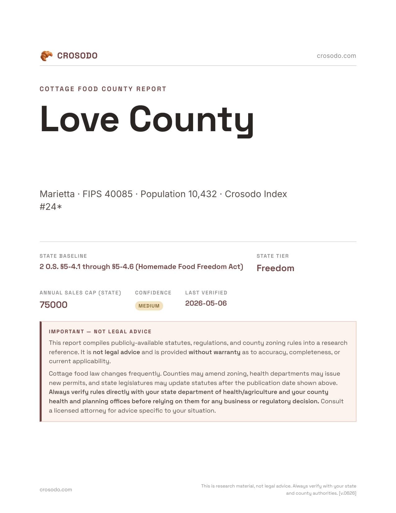 Cover of Love County county cottage food report