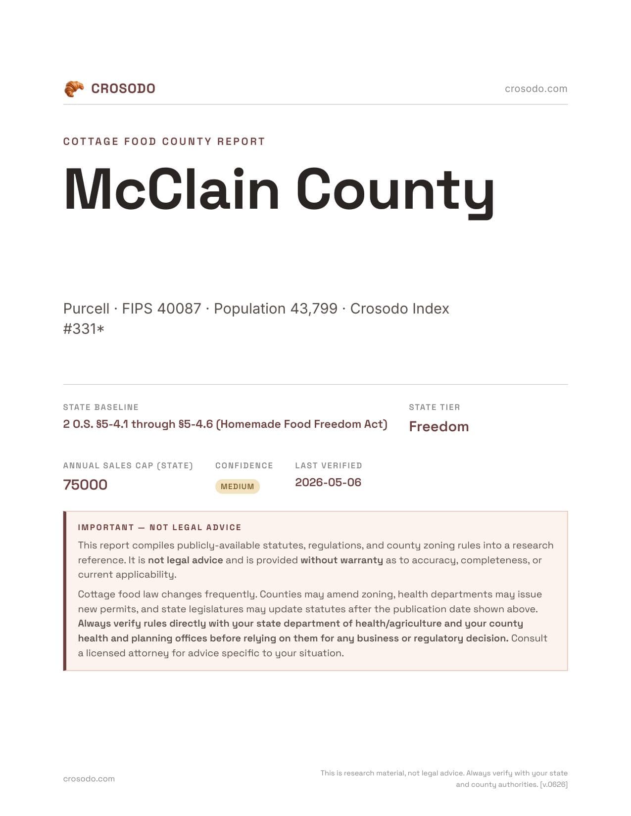 Cover of McClain County county cottage food report