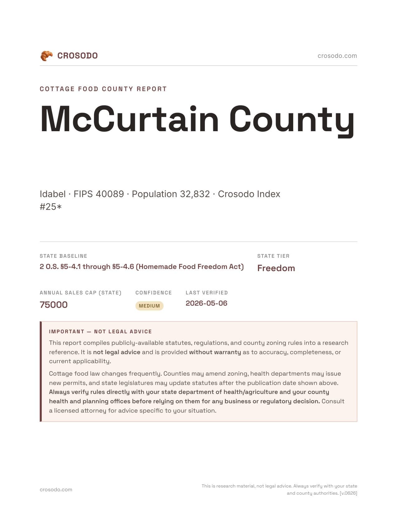 Cover of McCurtain County county cottage food report