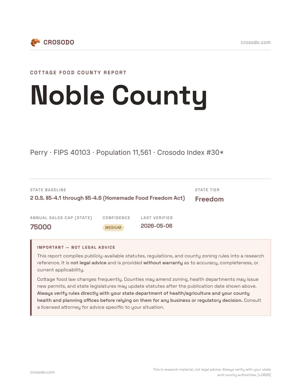 Cover of Noble County county cottage food report