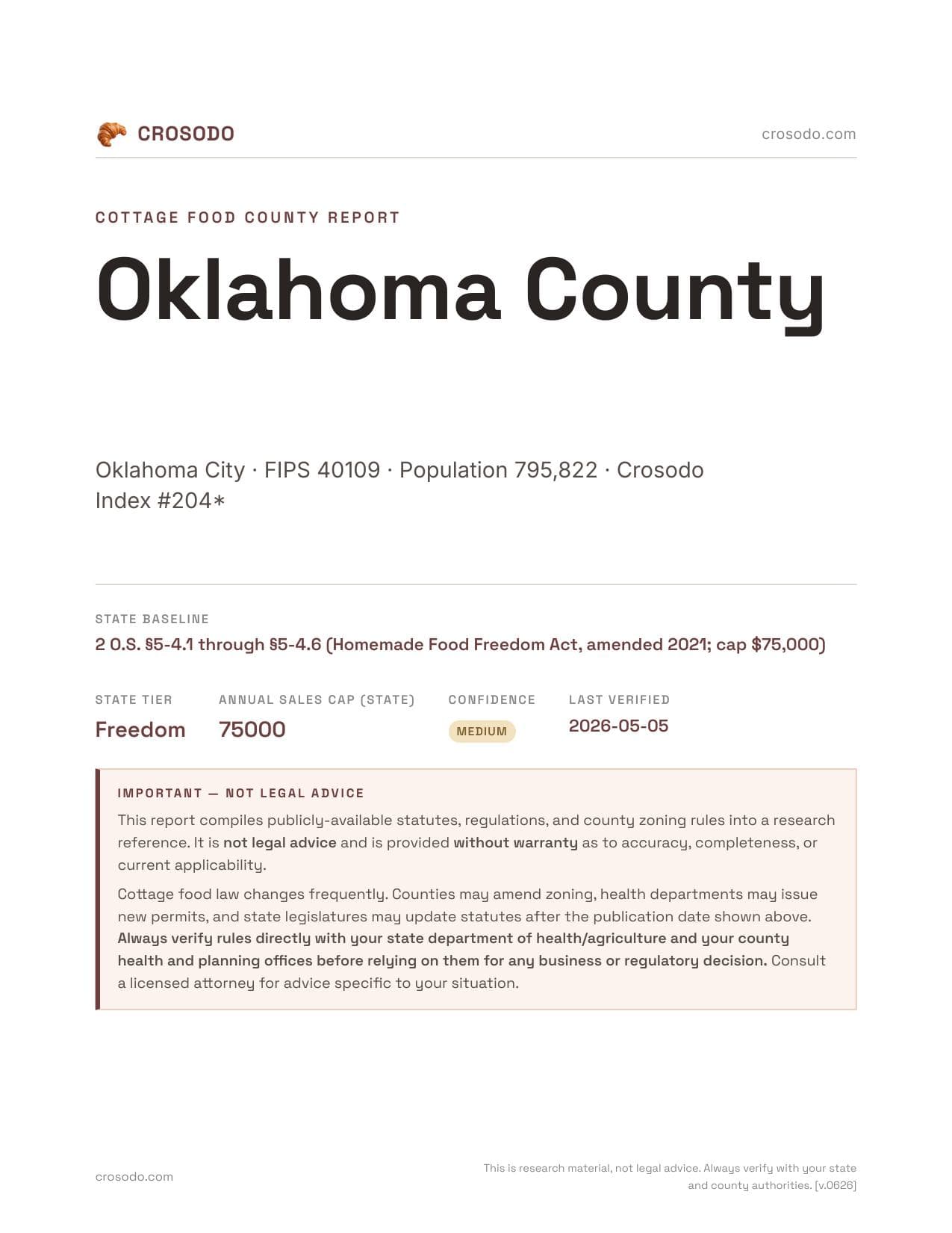Cover of Oklahoma County county cottage food report