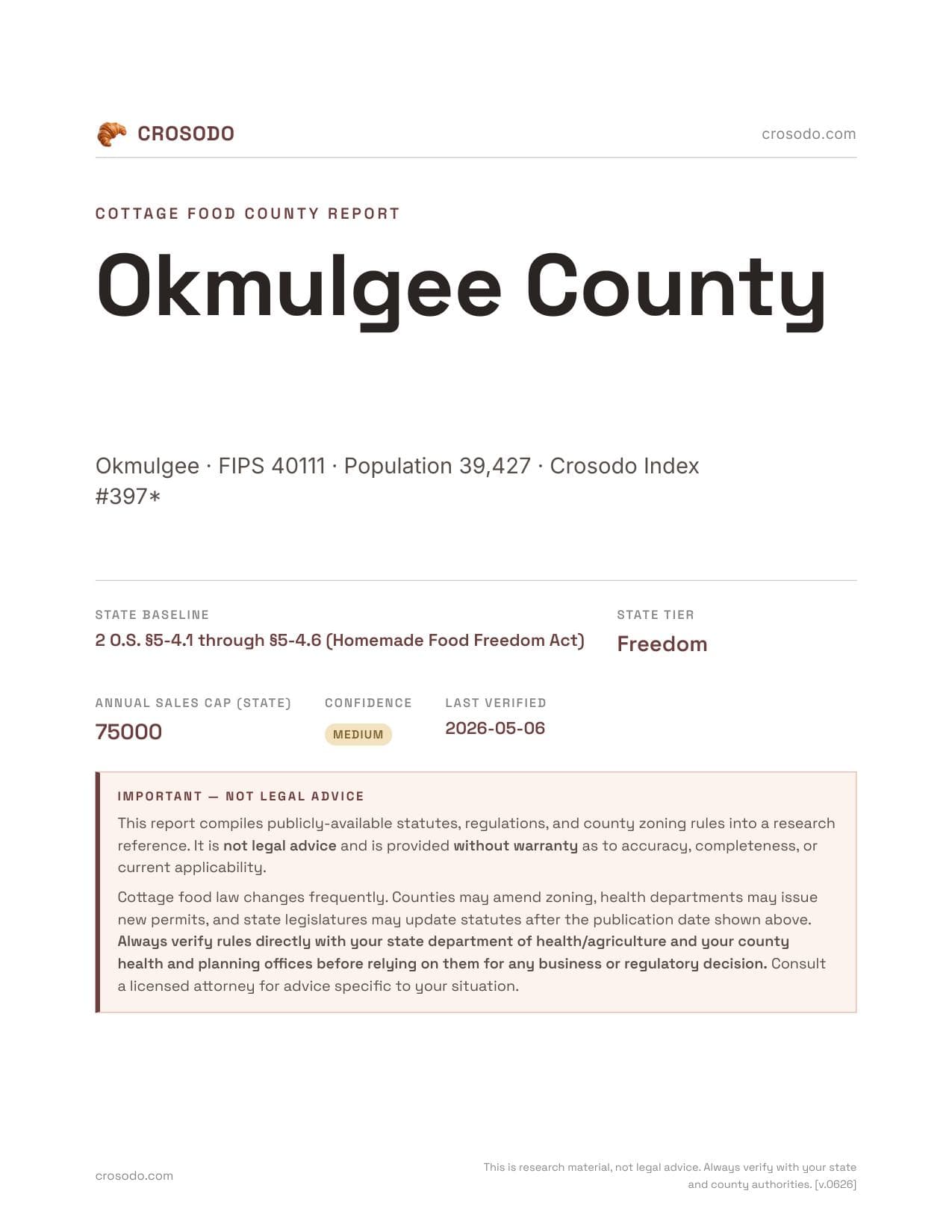 Cover of Okmulgee County county cottage food report