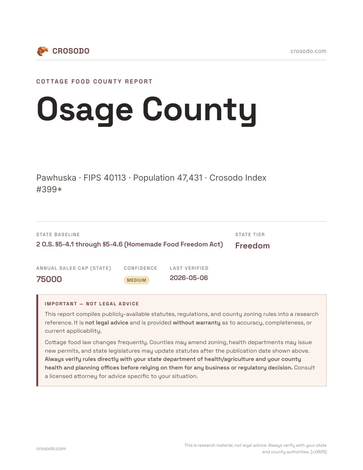 Cover of Osage County county cottage food report
