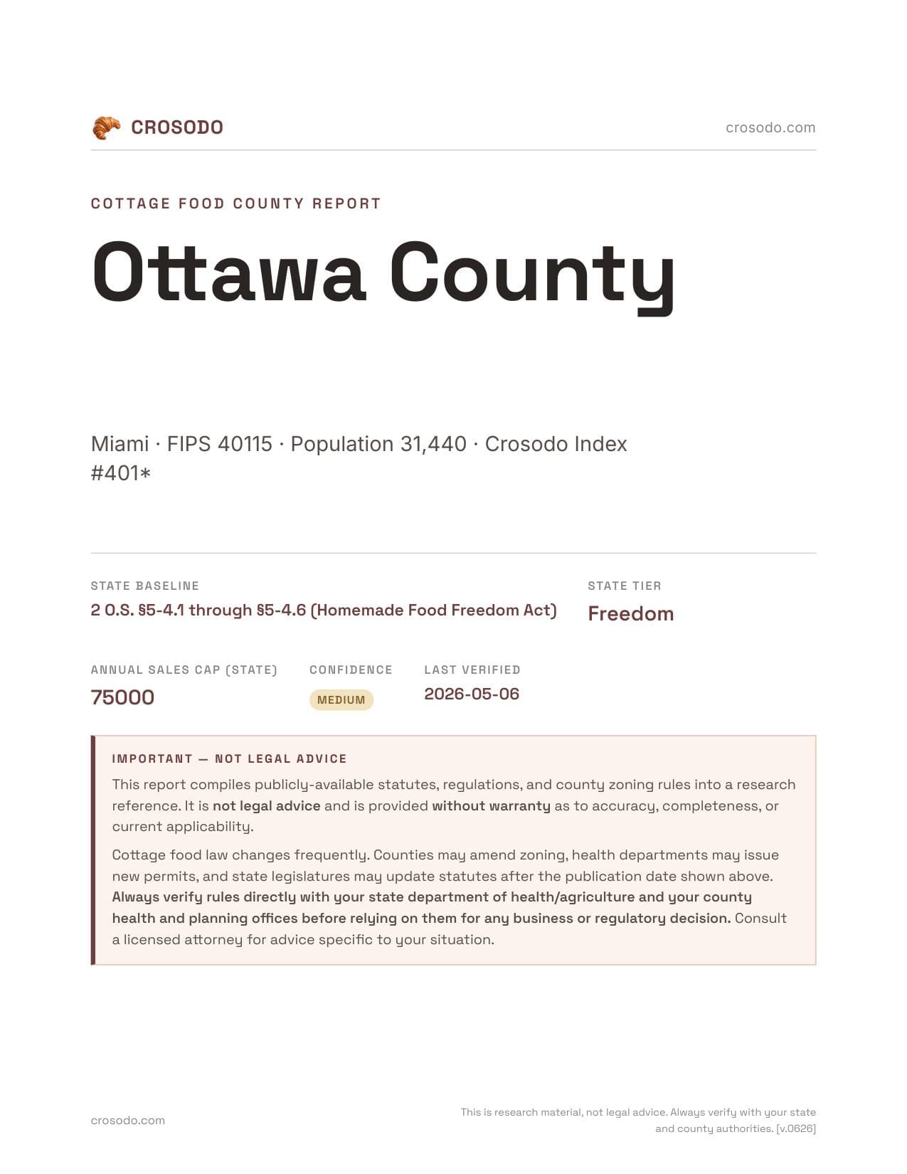 Cover of Ottawa County county cottage food report