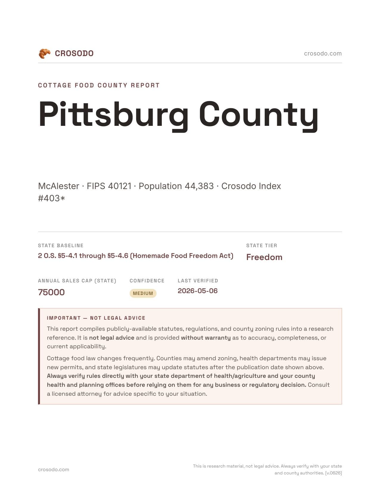 Cover of Pittsburg County county cottage food report