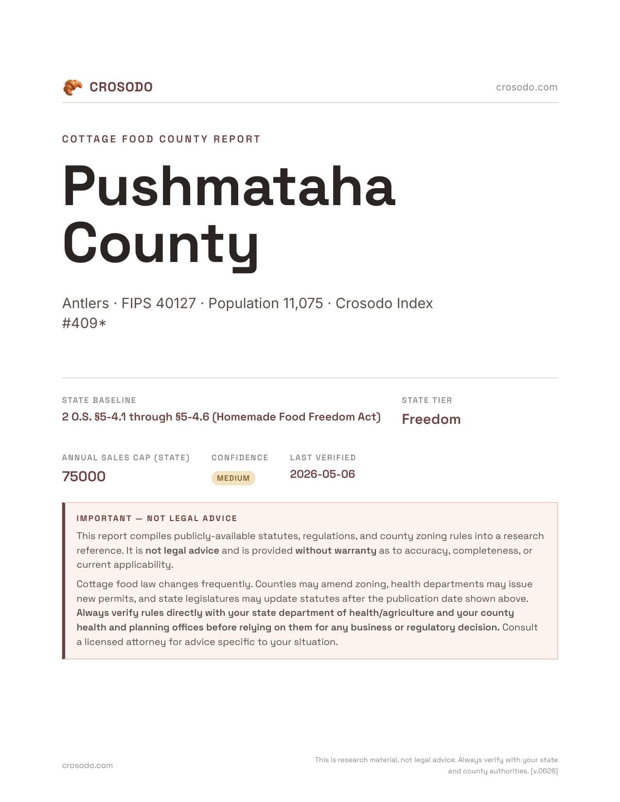 Cover of Pushmataha County county cottage food report