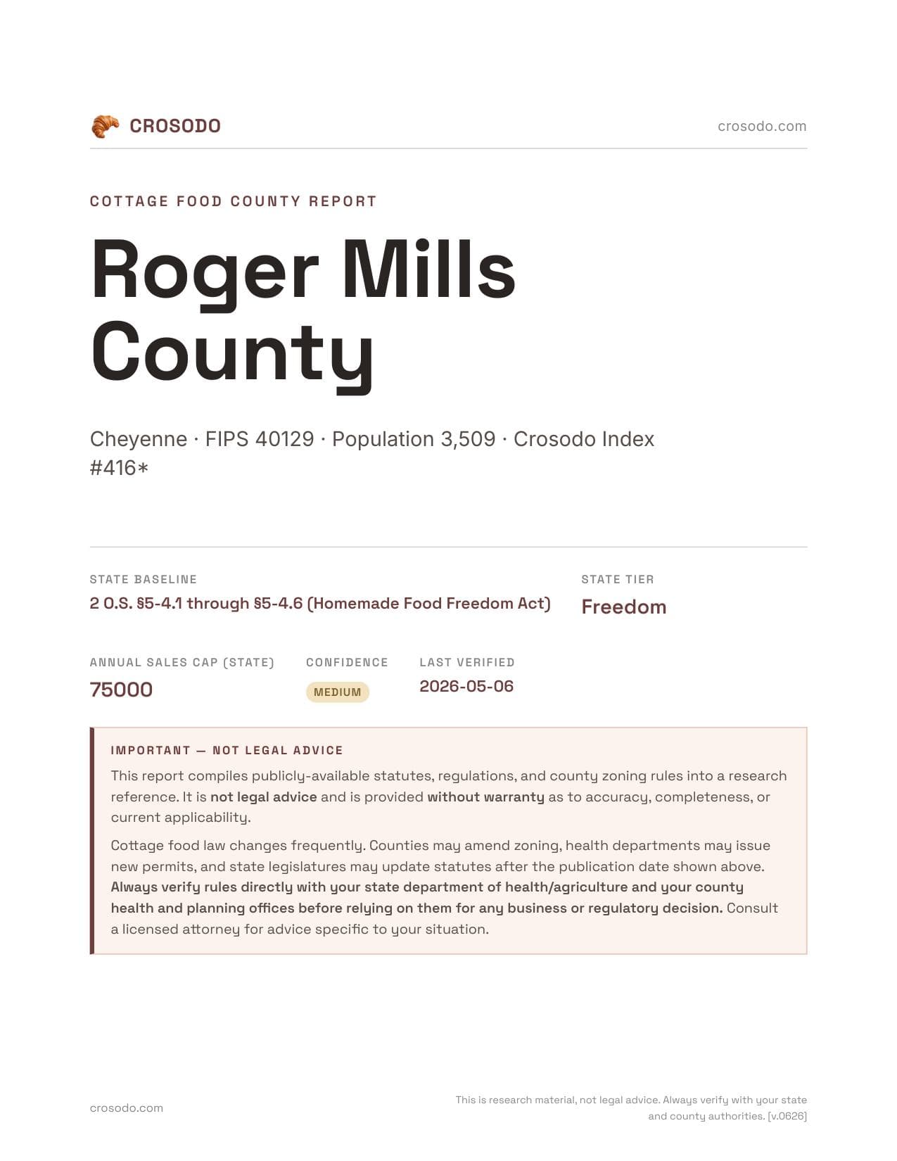 Cover of Roger Mills County county cottage food report