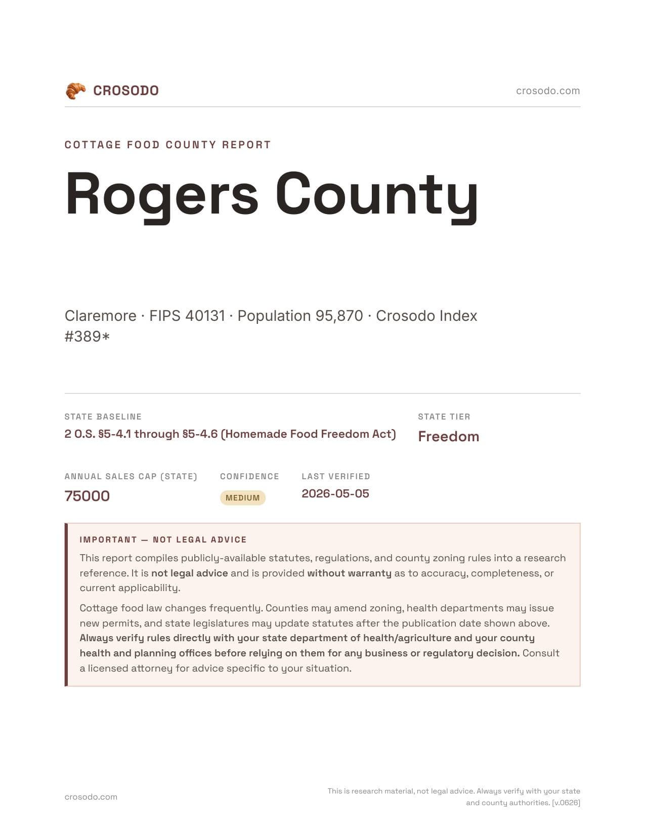 Cover of Rogers County county cottage food report