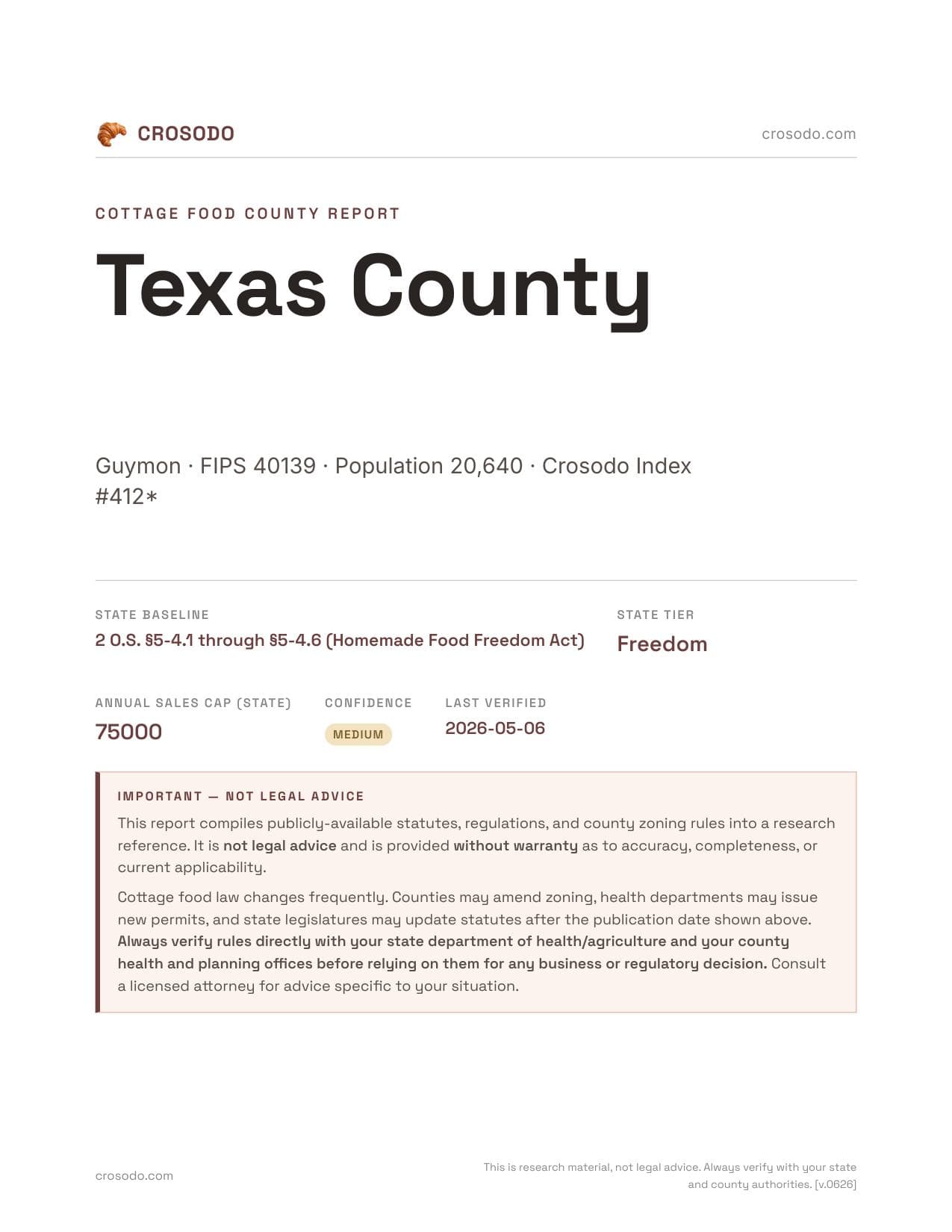 Cover of Texas County county cottage food report